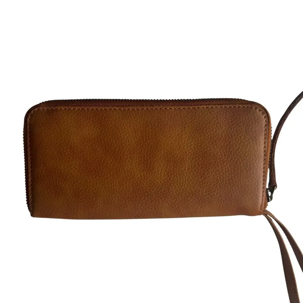 Free People Vegan Leather Wallet Wristlet Diagonal Zipper Cognac Brown Boho